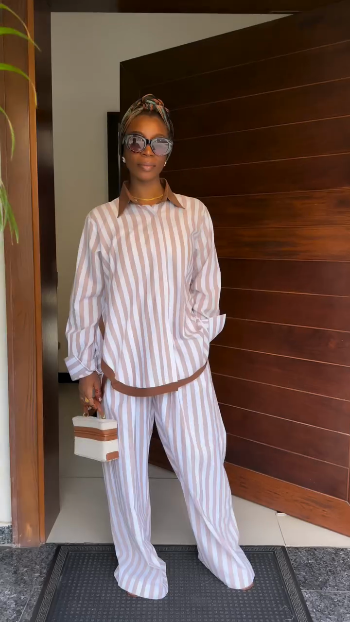 Off-white Striped Long-Sleeved Shirt and Wide-Leg Pants Set