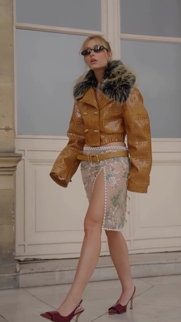 Brown Cropped Faux - Leather Jacket with Faux - Fur Collar