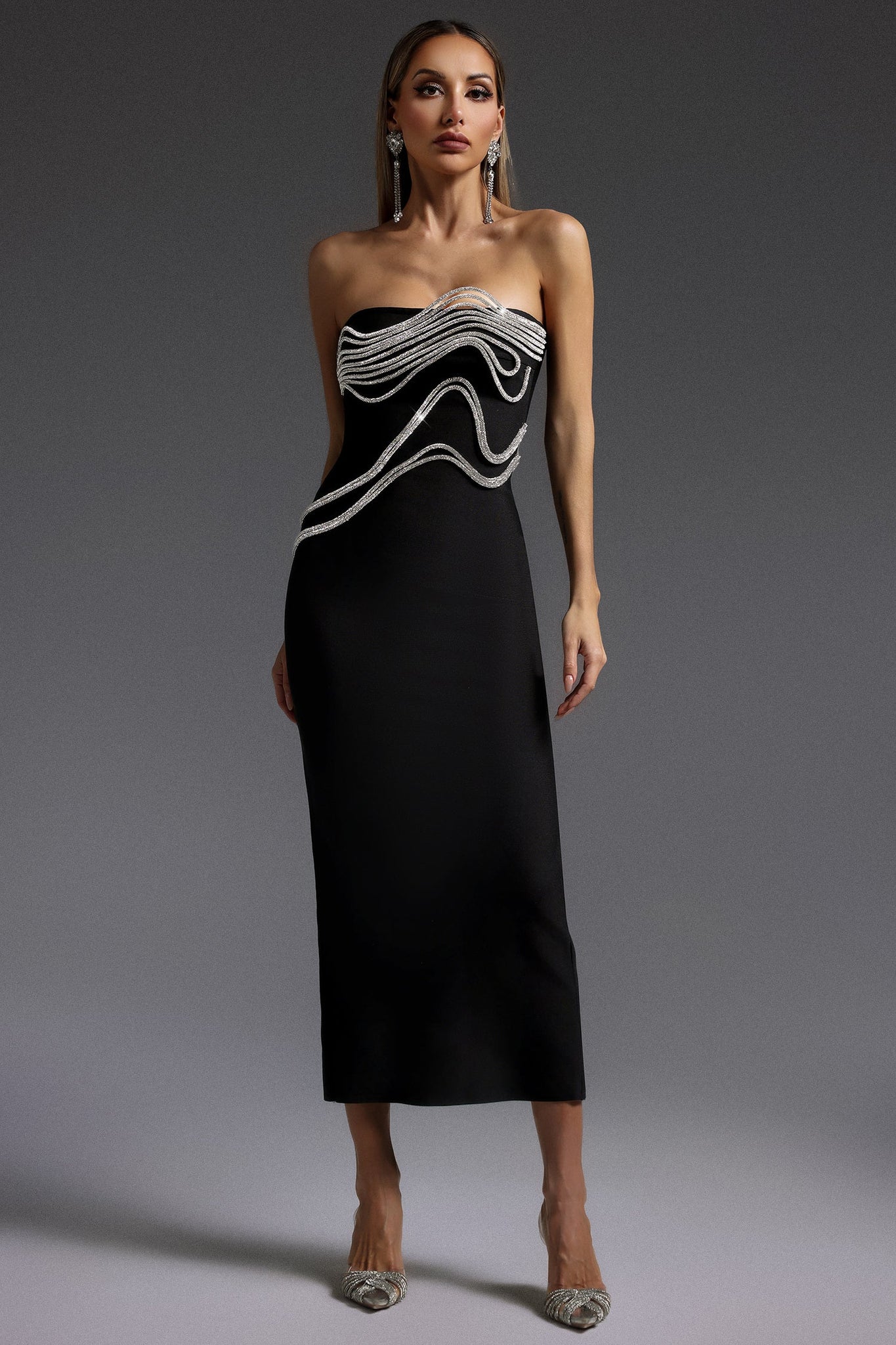 Black Strapless Midi Dress with Silver Rhinestone Details