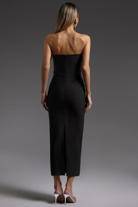 Black Strapless Midi Dress with Silver Rhinestone Details