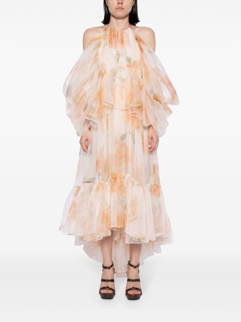 Floral - Print Organza Halter Neck Maxi Dress