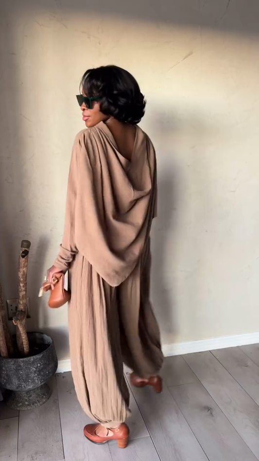 Taupe Off - the - Shoulder Top and Baggy Pants Set