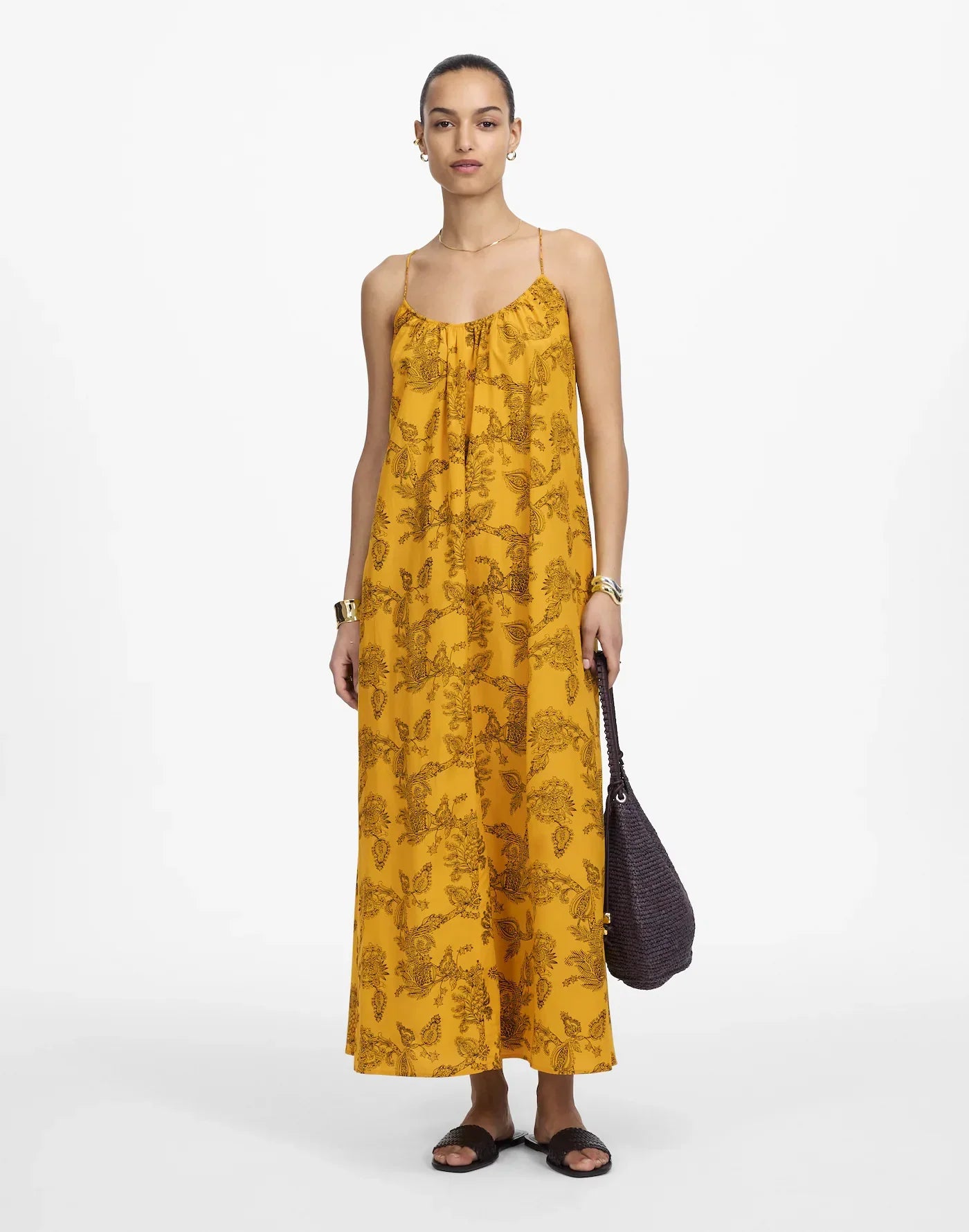 Yellow Floral Print Spaghetti Strap Maxi Dress