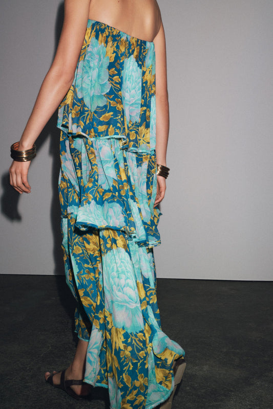 Blue Strapless Tiered Floral Maxi Dress