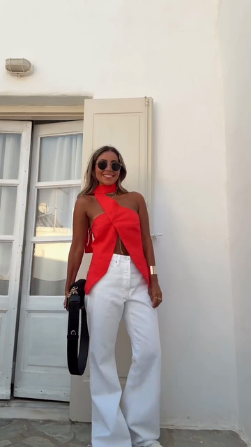 Red Asymmetrical Halter Top and White Wide - Leg Jeans Set