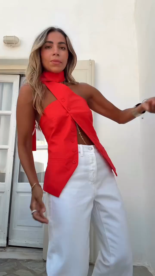 Red Asymmetrical Halter Top and White Wide - Leg Jeans Set