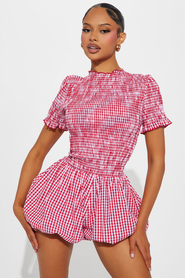Red and White Gingham Puff - Sleeve Romper