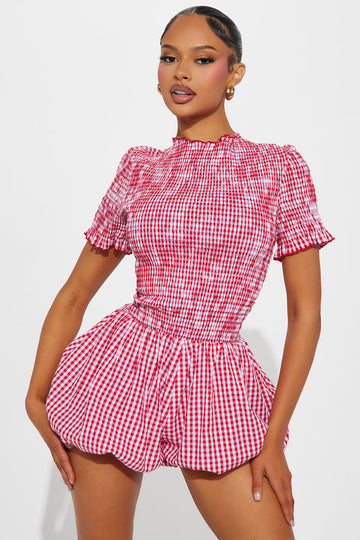 Red and White Gingham Puff - Sleeve Romper
