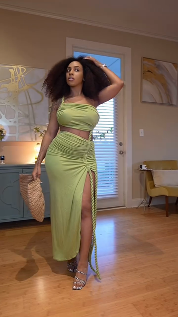 Lime Green One - Shoulder Cut - Out Maxi Dress