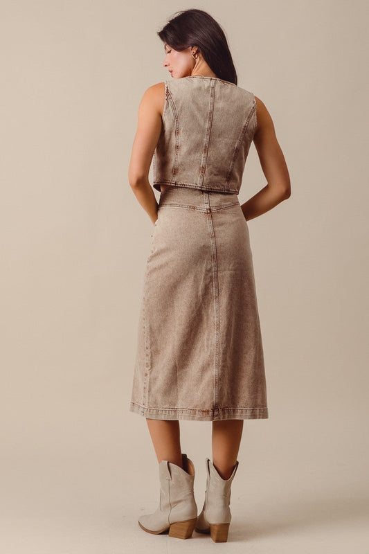 Denim Crop Vest and Midi Skirt Set
