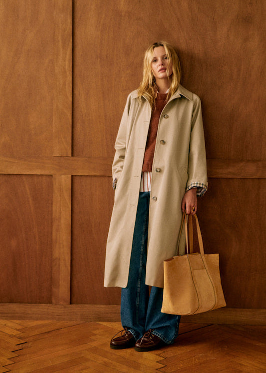 Beige Trench Coat with Checkered Cuff Detail