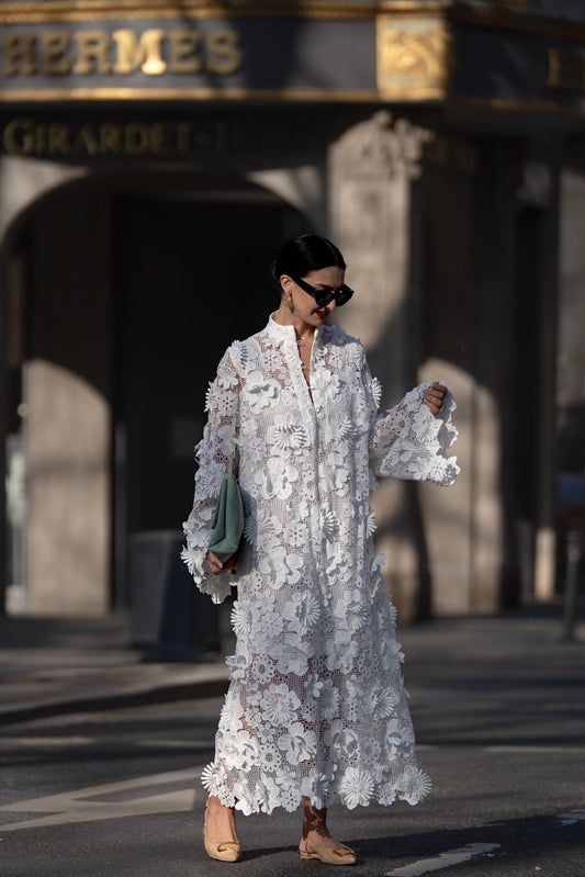 White 3D Floral Lace Maxi Dress