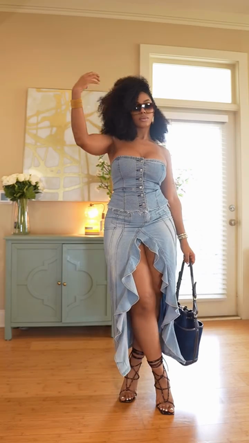 Light Blue Denim Strapless Corset and Maxi Skirt Set
