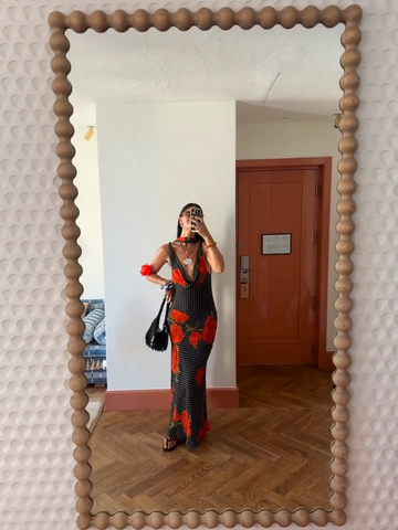 Black Polka Dot and Red Floral Print Maxi Dress