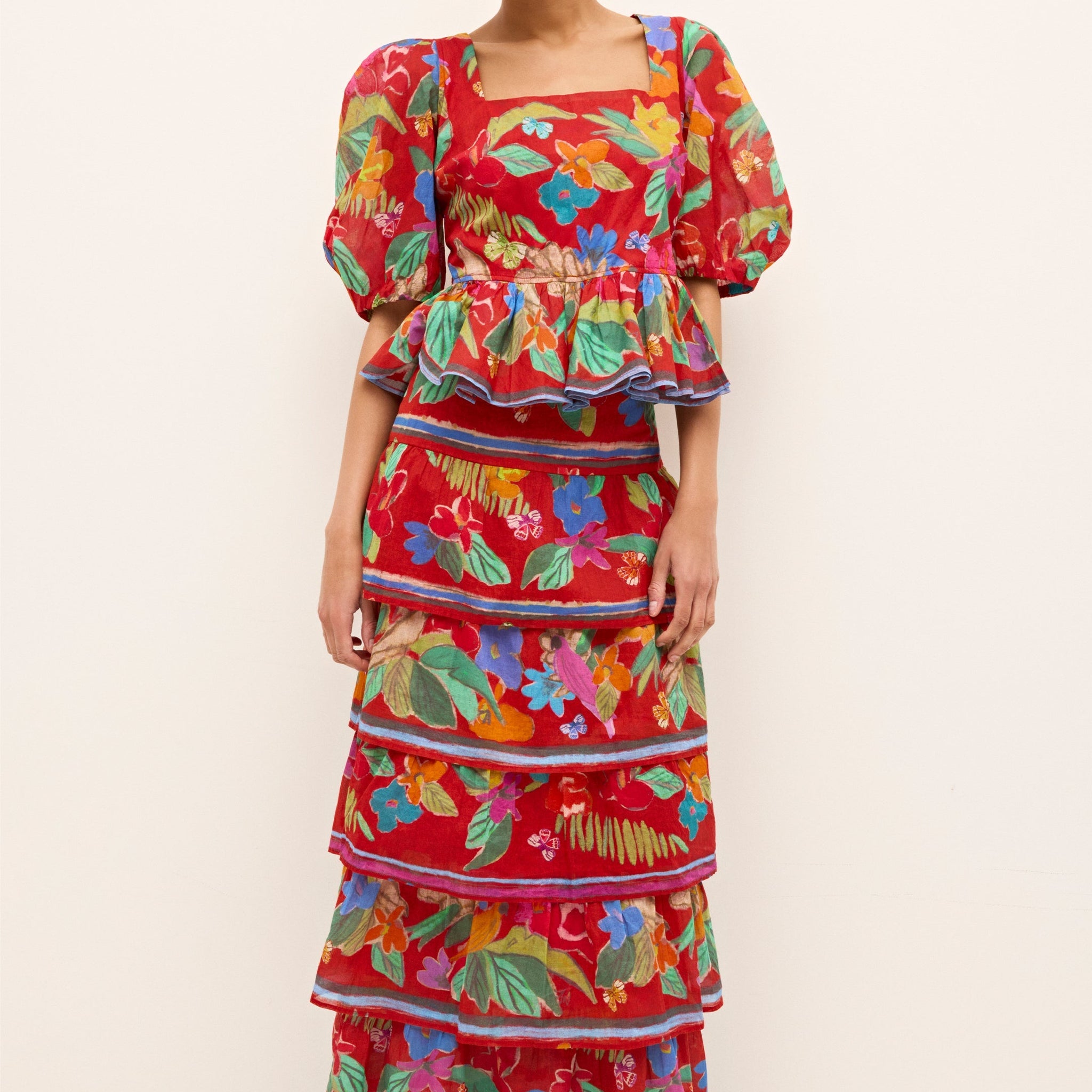 Red Floral - Print Tiered Dress
