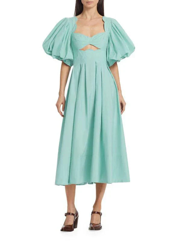 Light Blue Puff - Sleeve Cut - Out Midi Dress