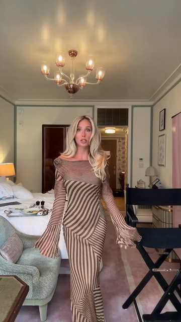 Brown and Tan Striped Off - the - Shoulder Maxi Dress