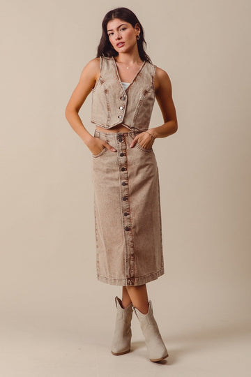 Denim Crop Vest and Midi Skirt Set