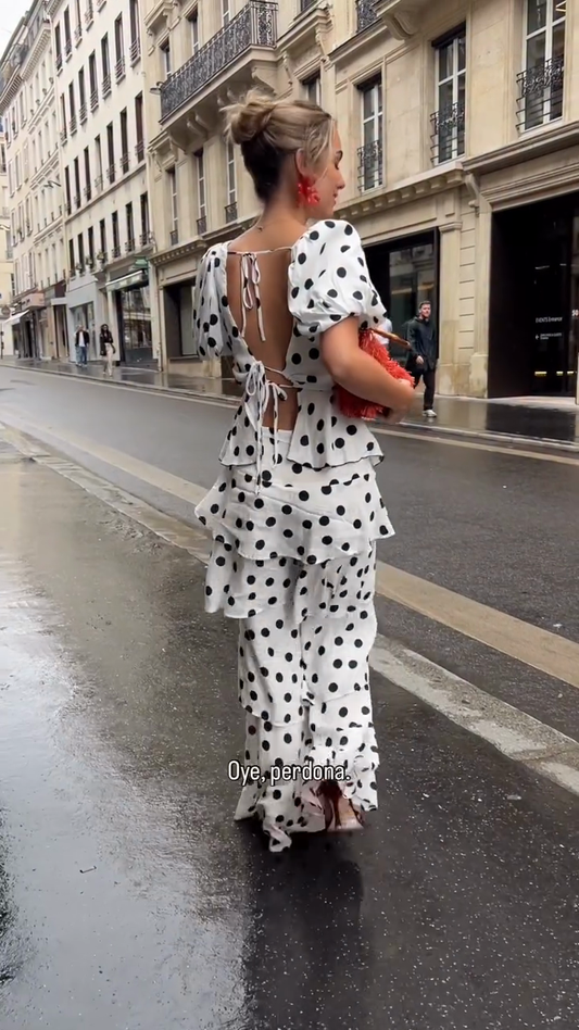 White Polka Dot Puff - Sleeve Top and Ruffled Flared Pants Set