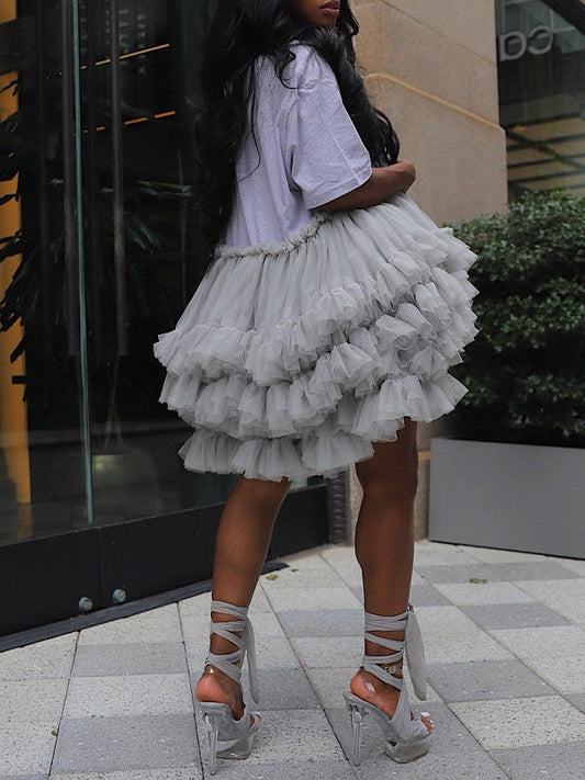Gray Tulle - Ruffle Midi Dress