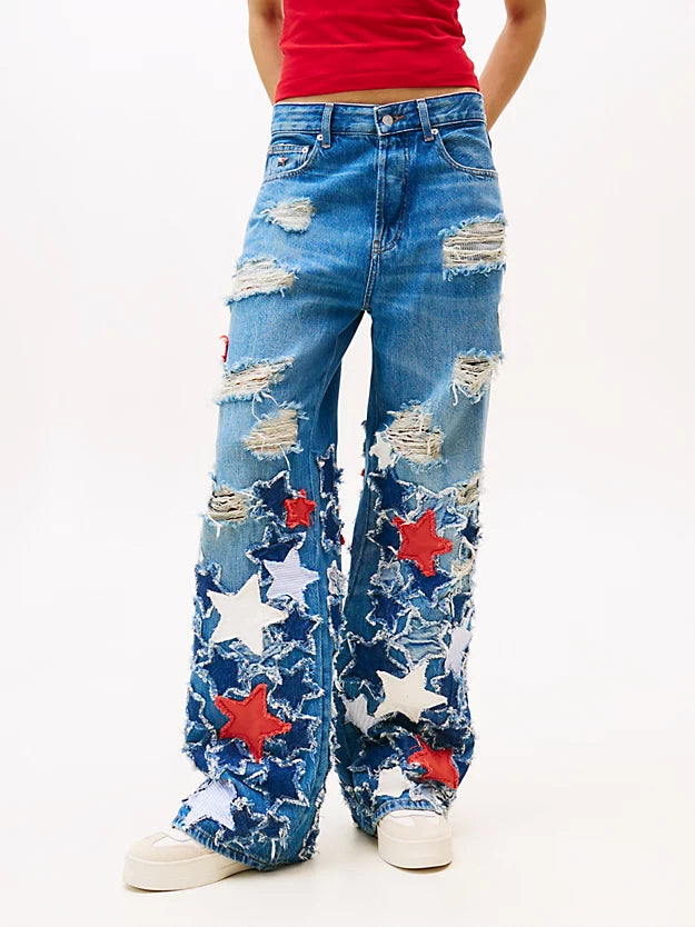 Star Embellished Ripped Wide-Leg Jeans