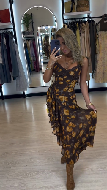 Brown and Yellow Floral Print Spaghetti - Strap Midi Dress