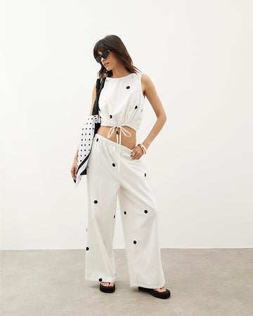 White Polka Dot Crop Top & Wide - Leg Pants Set