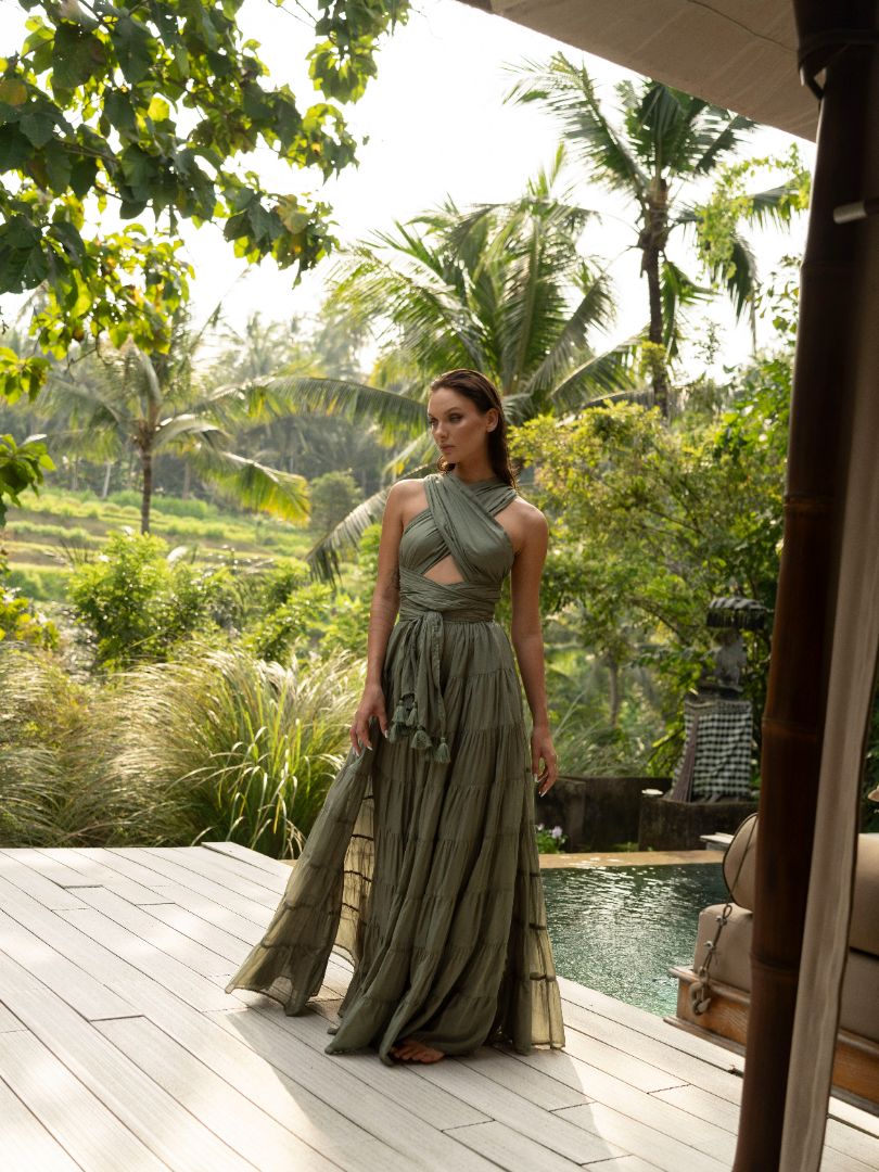 Olive Green Halter Neck Cut - Out Maxi Dress