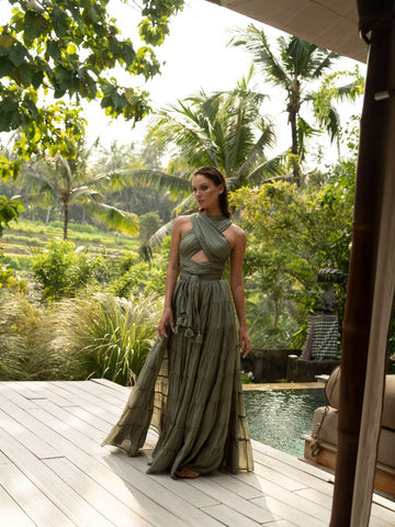 Olive Green Halter Neck Cut - Out Maxi Dress