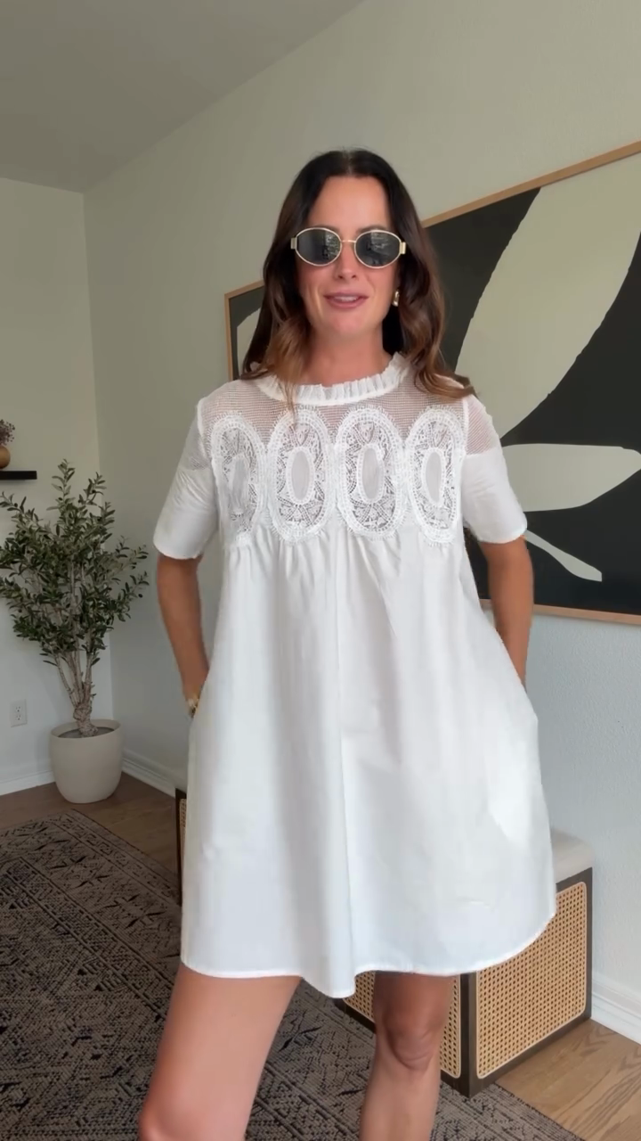 White Lace - Embroidered Short - Sleeve Babydoll Dress