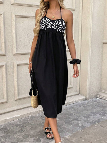 Black Embroidered Strappy Maxi Dress