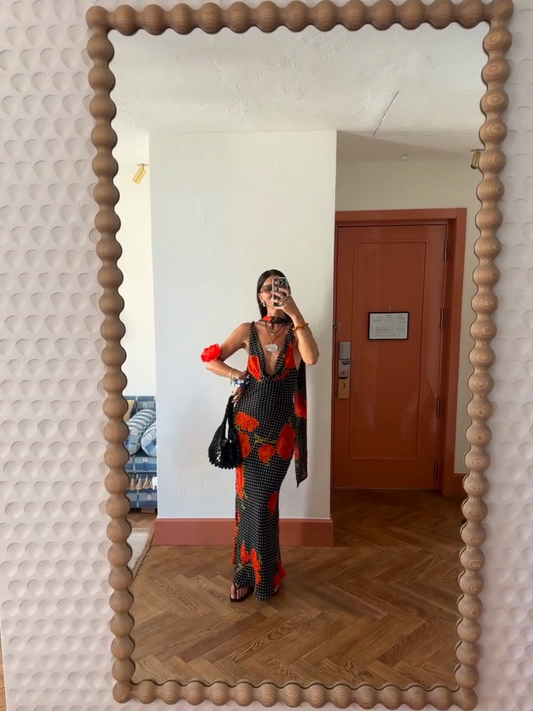 Black Polka Dot and Red Floral Print Maxi Dress