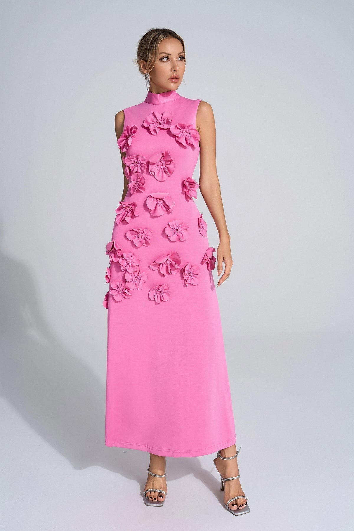 High - Neck 3D Floral Maxi Dress