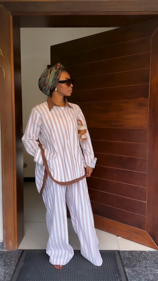 Off-white Striped Long-Sleeved Shirt and Wide-Leg Pants Set