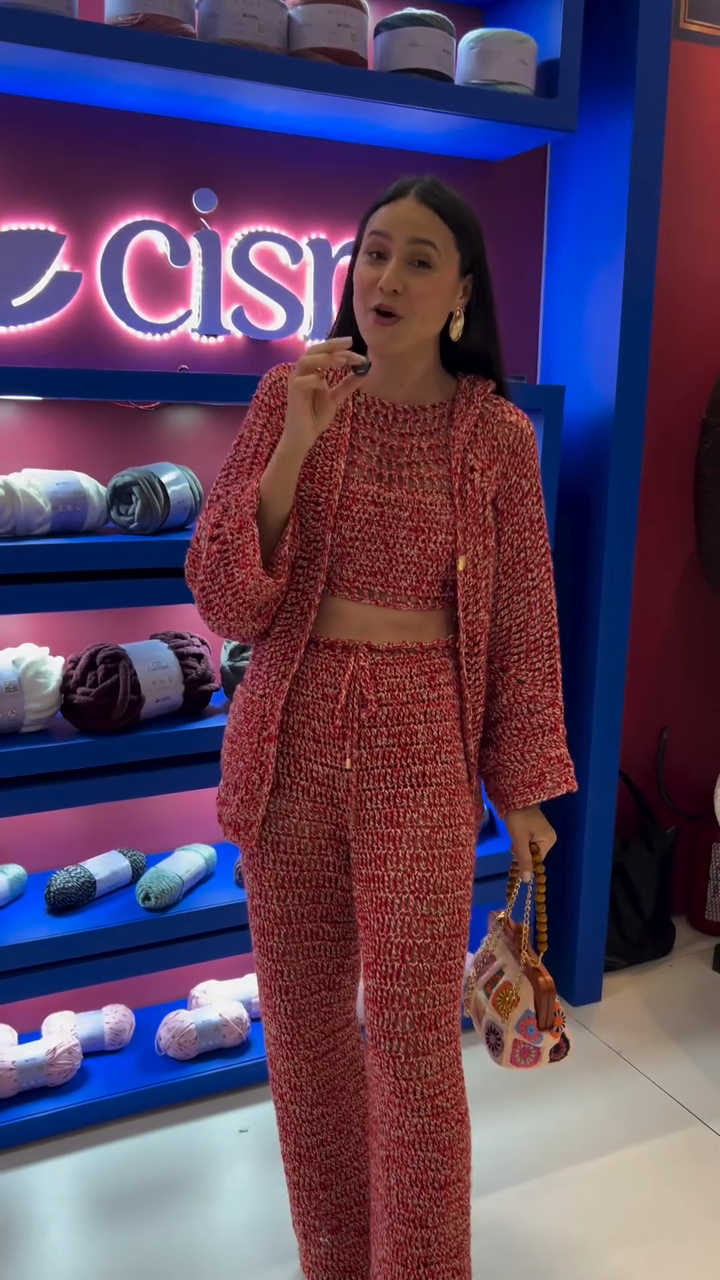 Red Crochet Crop Top and Wide Leg Pants Set