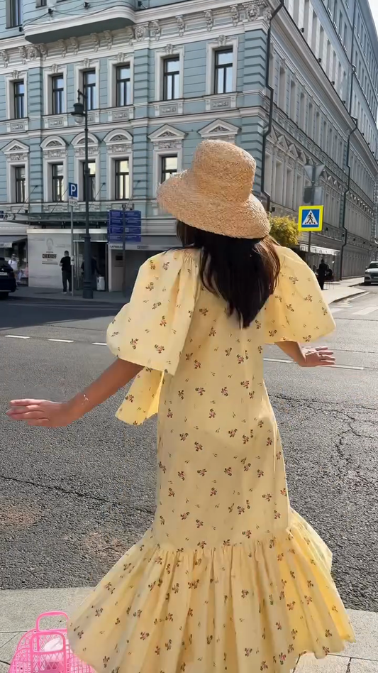 Yellow Floral Print Puff - Sleeve Midi Dress