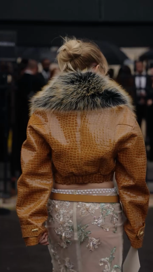 Brown Cropped Faux - Leather Jacket with Faux - Fur Collar