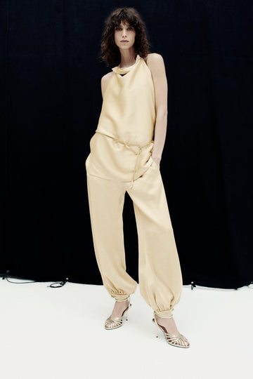 Beige Satin Halter Neck and Lantern Pants Set