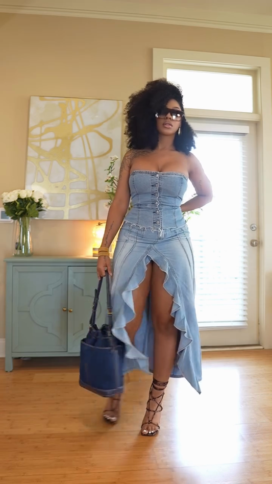 Light Blue Denim Strapless Corset and Maxi Skirt Set