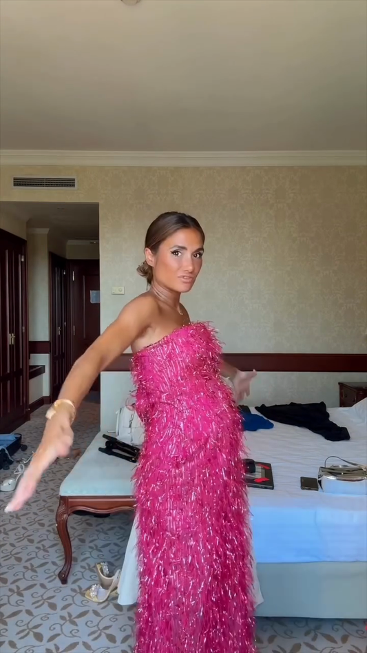 Hot Pink Fringe Strapless Maxi Dress