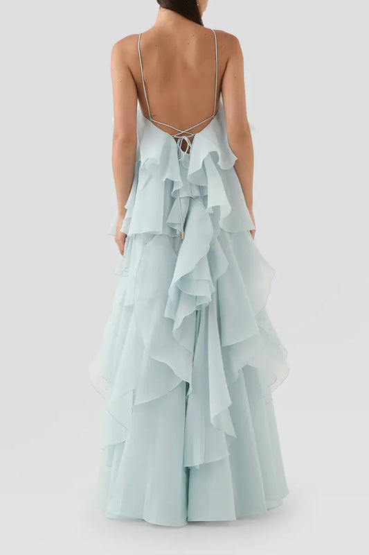 Light Blue Ruffled Strapless Maxi Dress
