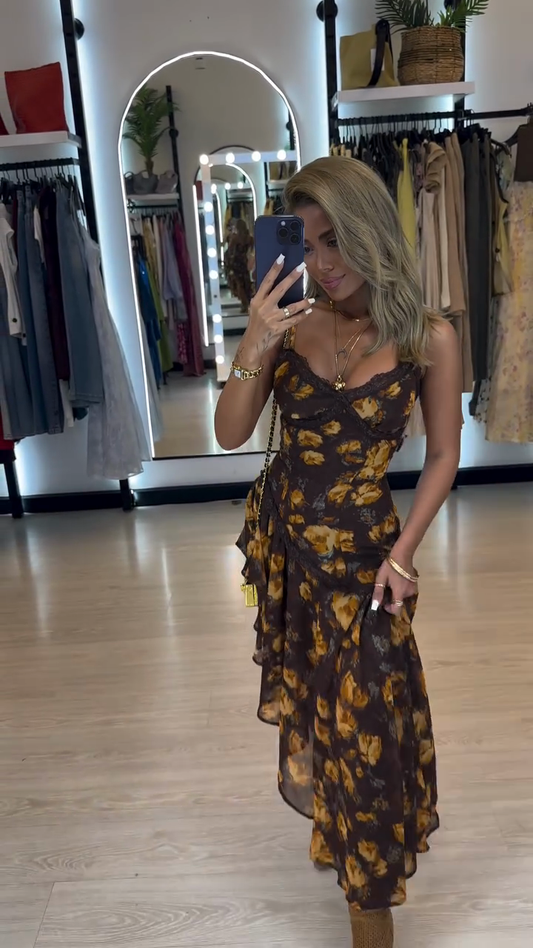 Brown and Yellow Floral Print Spaghetti - Strap Midi Dress