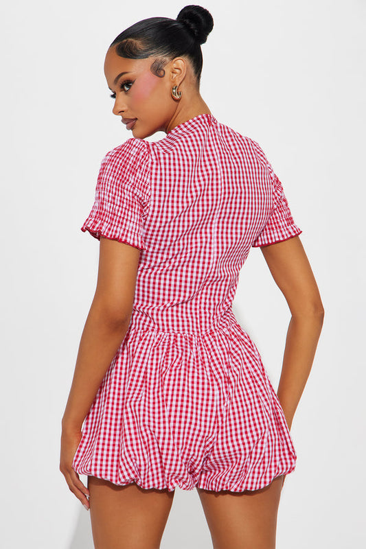 Red and White Gingham Puff - Sleeve Romper