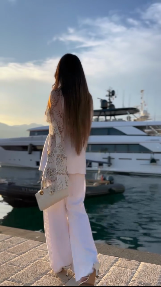 White Sheer Ruffle Blazer and Straight Pants Set