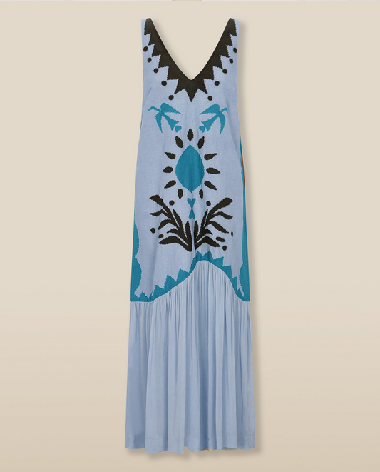 Linen V-neck maxi dress with ruffles